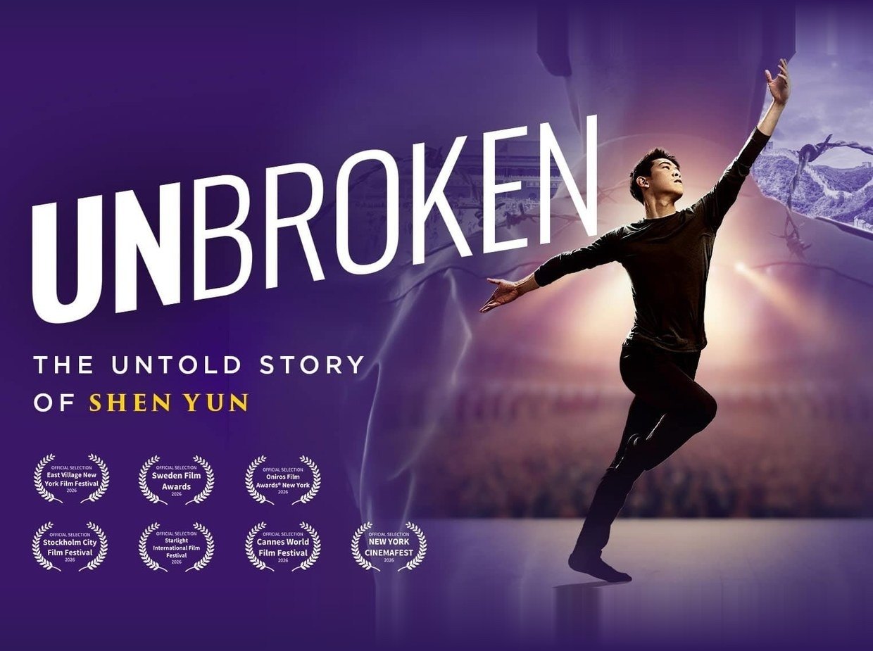 UNBROKEN: The Untold Story of Shen Yun — official key art with a dancer mid-leap, and official selection laurels from seven 2026 film festivals