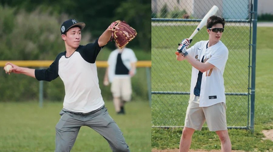 Two brothers as children playing baseball